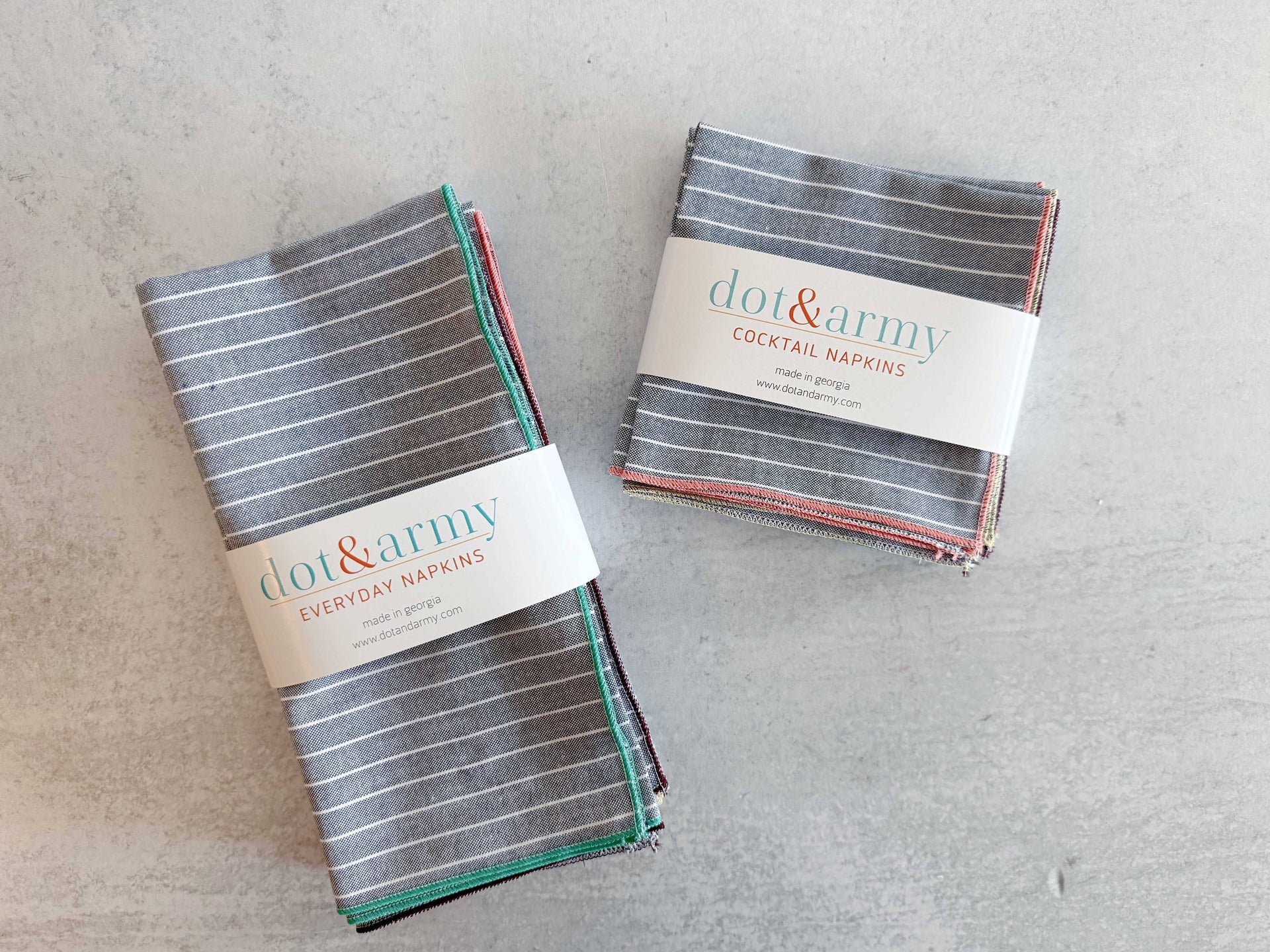 Dot and Army - Navy Chambray Stripe Napkins with Color Edging, set of 8