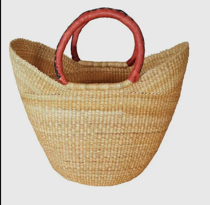 Ghana Large Hand Woven sale Red Grass Leather Market Basket