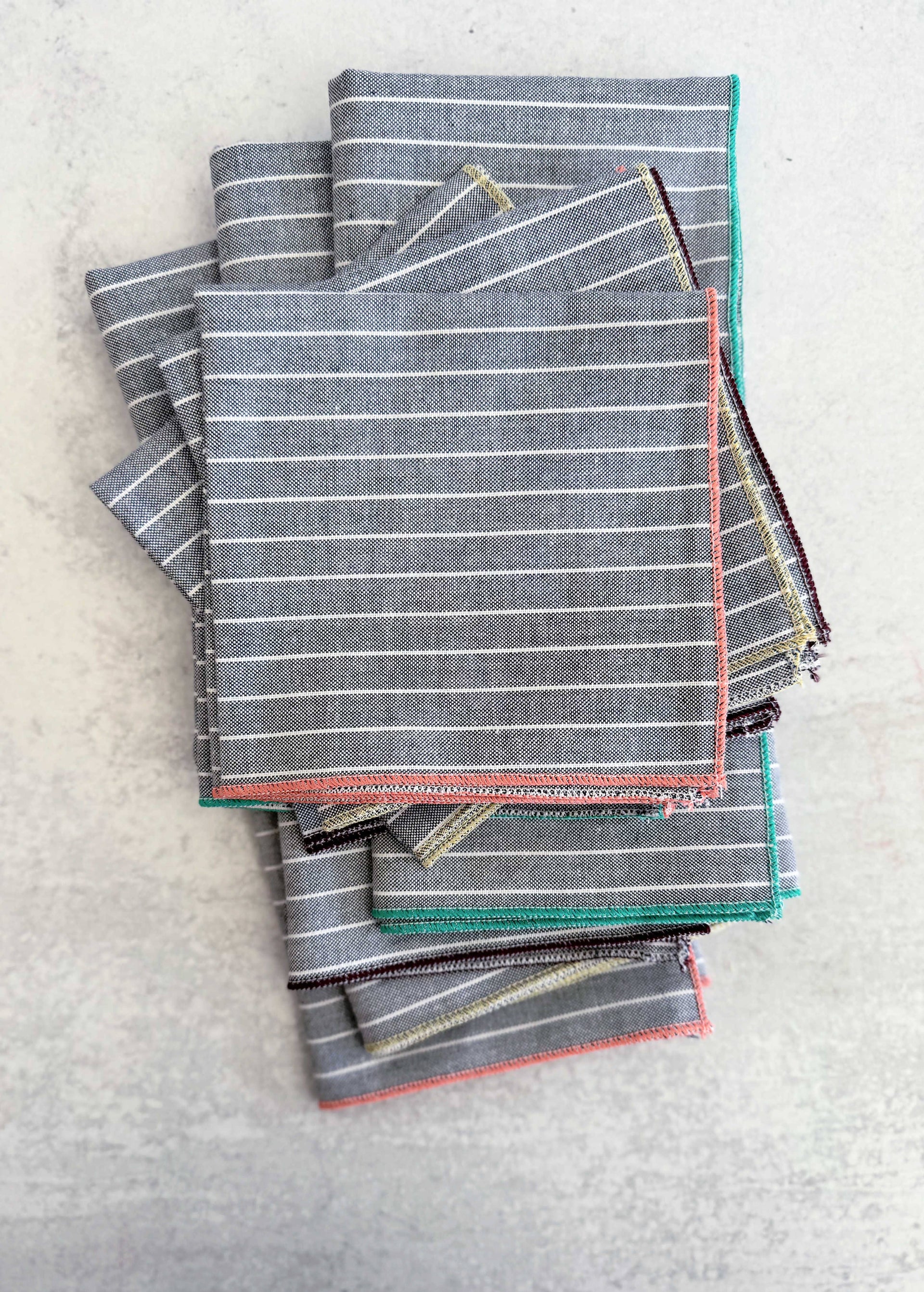 Dot and Army - Navy Chambray Stripe Napkins with Color Edging, set of 8